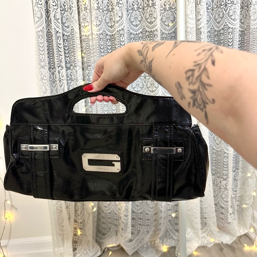 Y2K Glossy Black Patent Leather Guess Clutch Bag with Silver Hardware